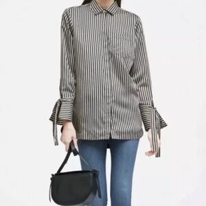Banana Republic Parker Striped Tie-Sleeve Satin Black & Silver Blouse Size XSP